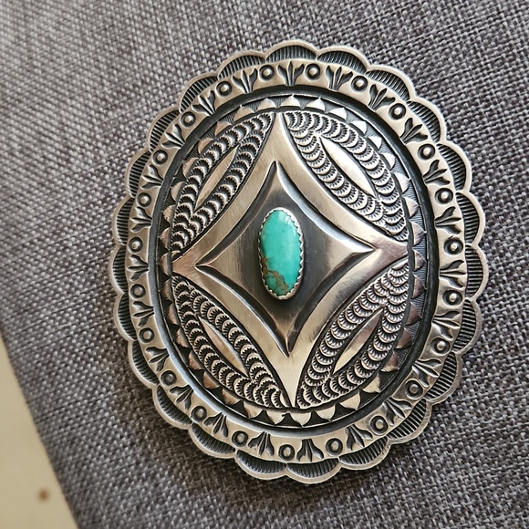 Amazing Vintage Native American Navajo Roland Dixon Concho & Turquoise Brooch 💙 - Picture 2 of 12